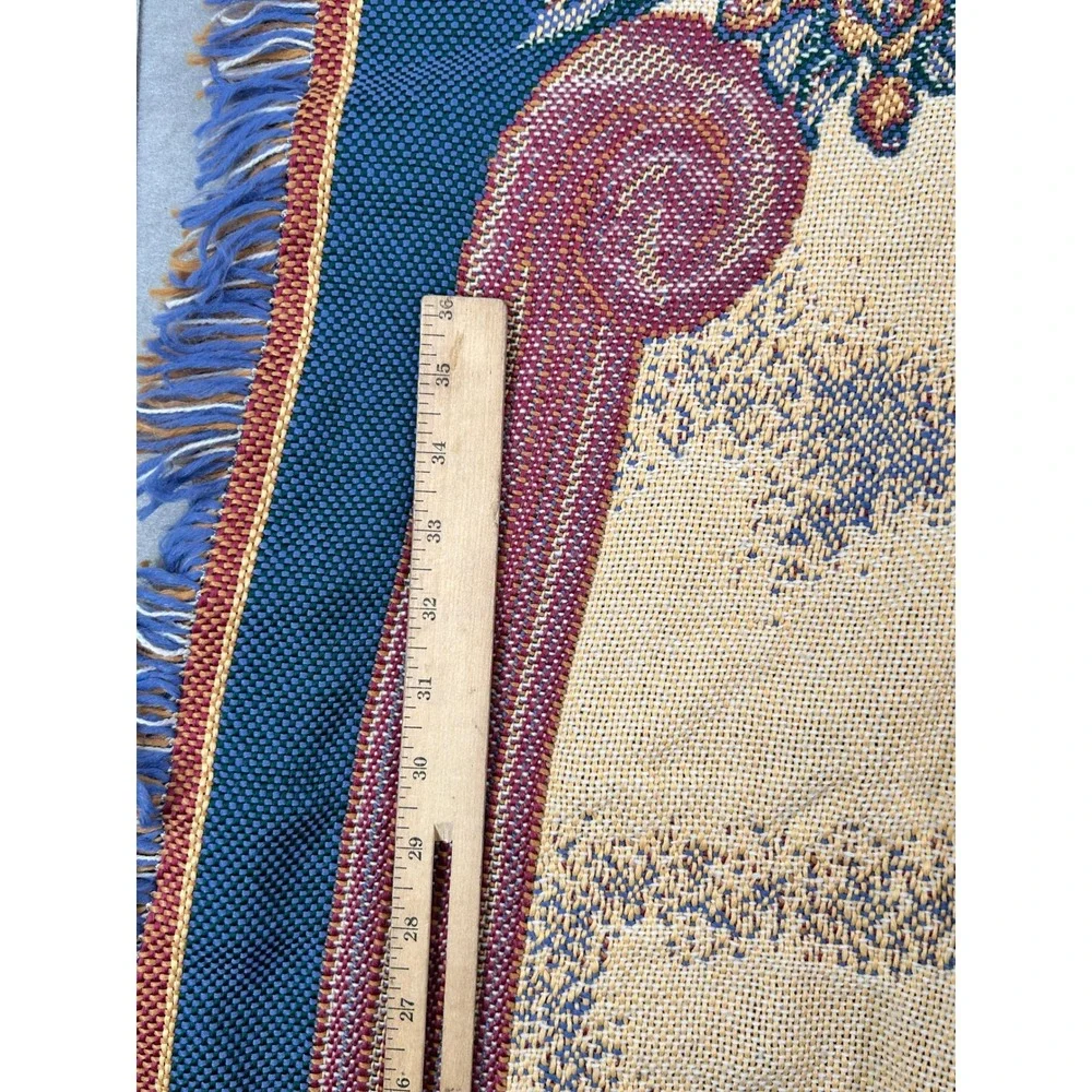 Vintage Woven Tapestry Throw Blanket Angel with Child Floral Fringe 56